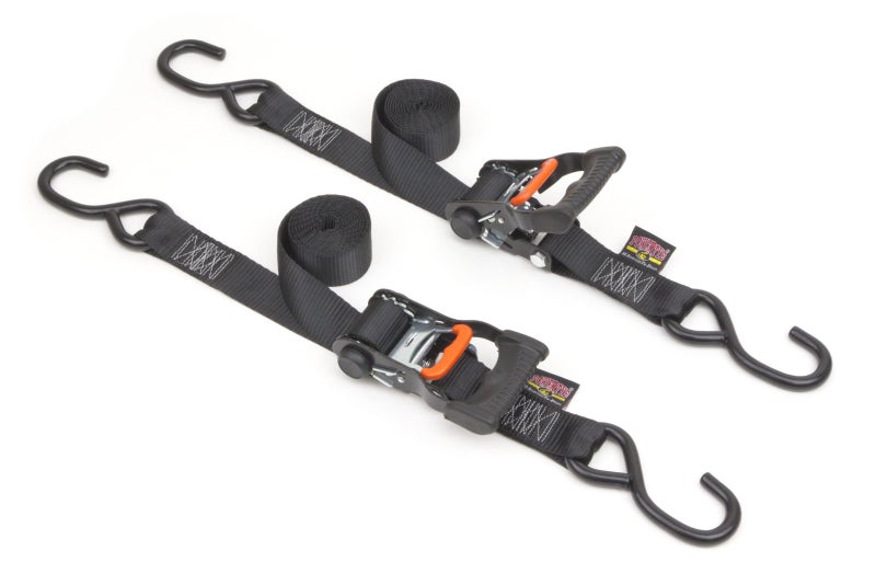 PowerTye 1.5in x 7ft Ergonomic Locking Ratchet Straps with Heavy-Duty S-Hooks - Made in USA - 1,000 lb. Working Load Limit / 3,000 lb. Breaking Strength - Black (Pair) - Image 1